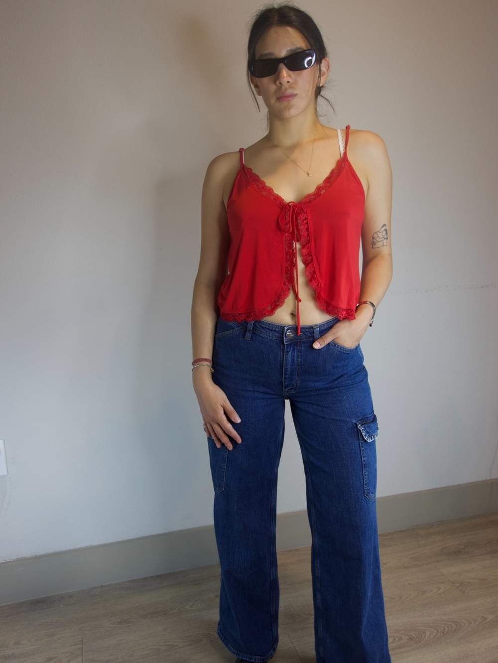 Intimately Free People Sleepless Summer Lace Tie-Front Cami Top Luxe Red Size S - Picture 6 of 7